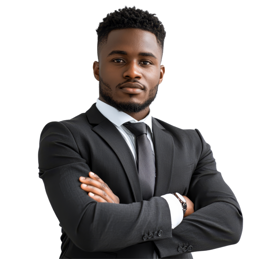 Confident corporate professional in formal attire with arms crossed against a plain background, file no background Confident corporate businessman posing with arms crossed png