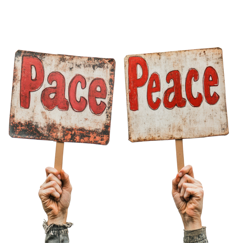 Individuals holding handheld peace protest signs against a transparent background, advocating for harmony and understanding, HandHeld Peace Protest Signs on transparent background png