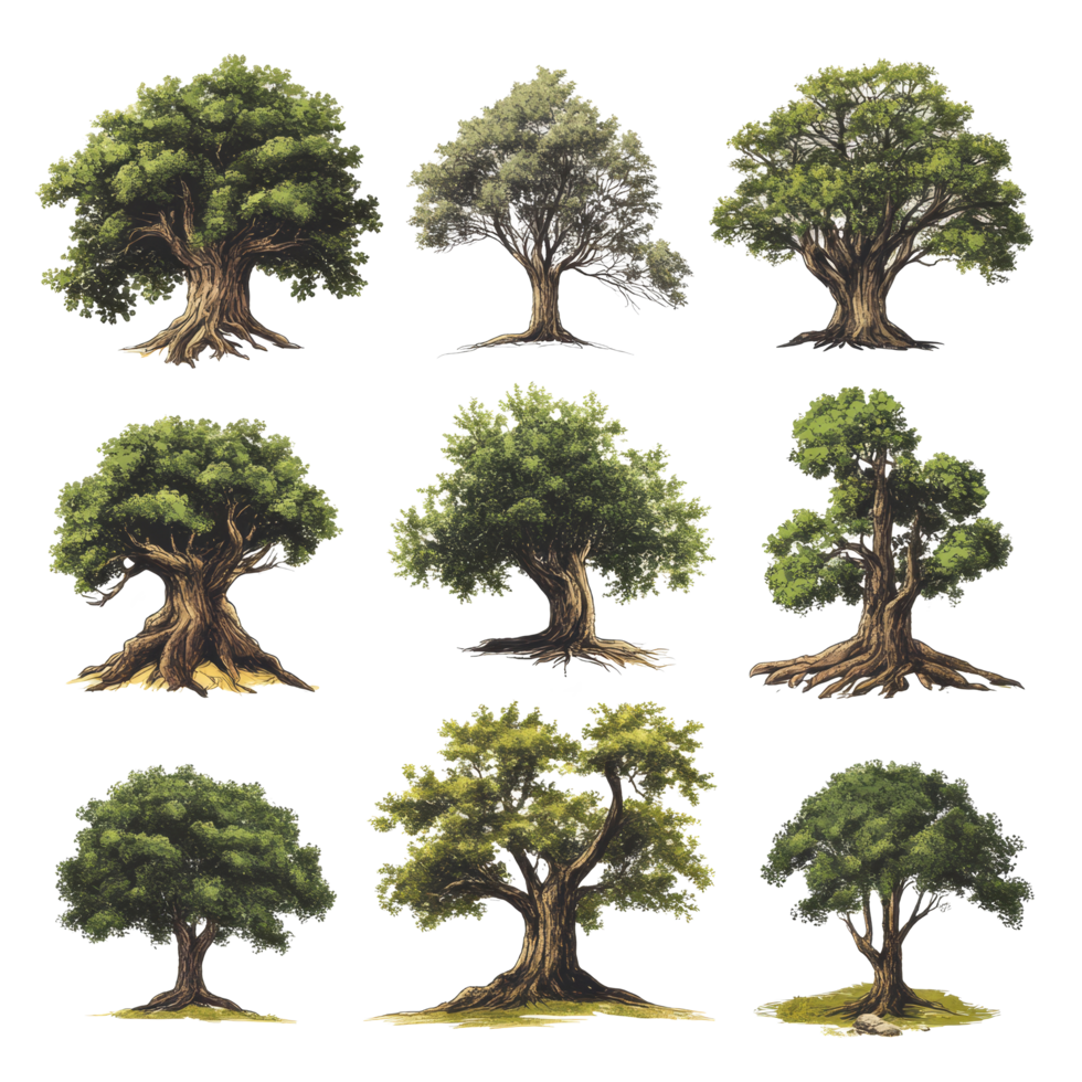 A collection of detailed illustrations of old trees on a clean transparent background showcasing their unique characteristics, Old Tree illustration transparent background png