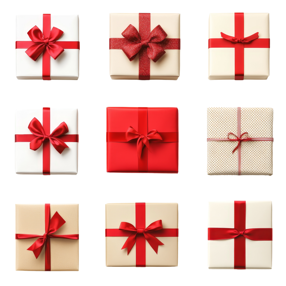 A beautiful arrangement of Christmas gift boxes in various sizes featuring red ribbons and festive decorations, multiple christmas gift boxes with red ribbon bow isolated transparent background png