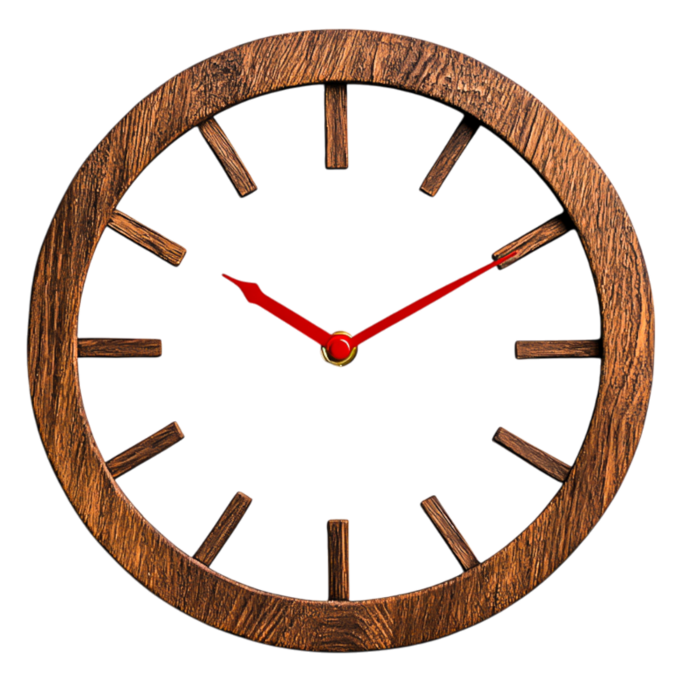 Rustic Wooden Wall Clock with Red Hands and Simple Design png