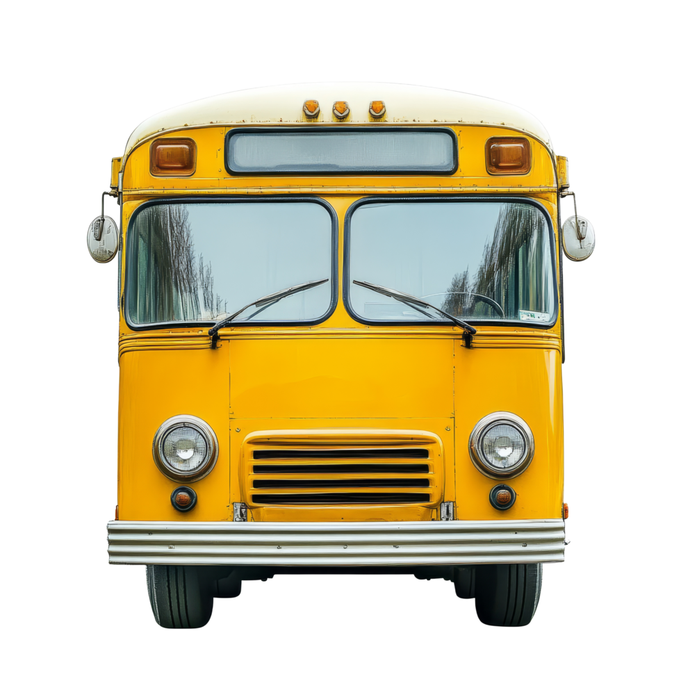 A classic yellow bus stands isolated on a transparent background, showcasing its vintage charm and timeless design, bus isolated on transparent png