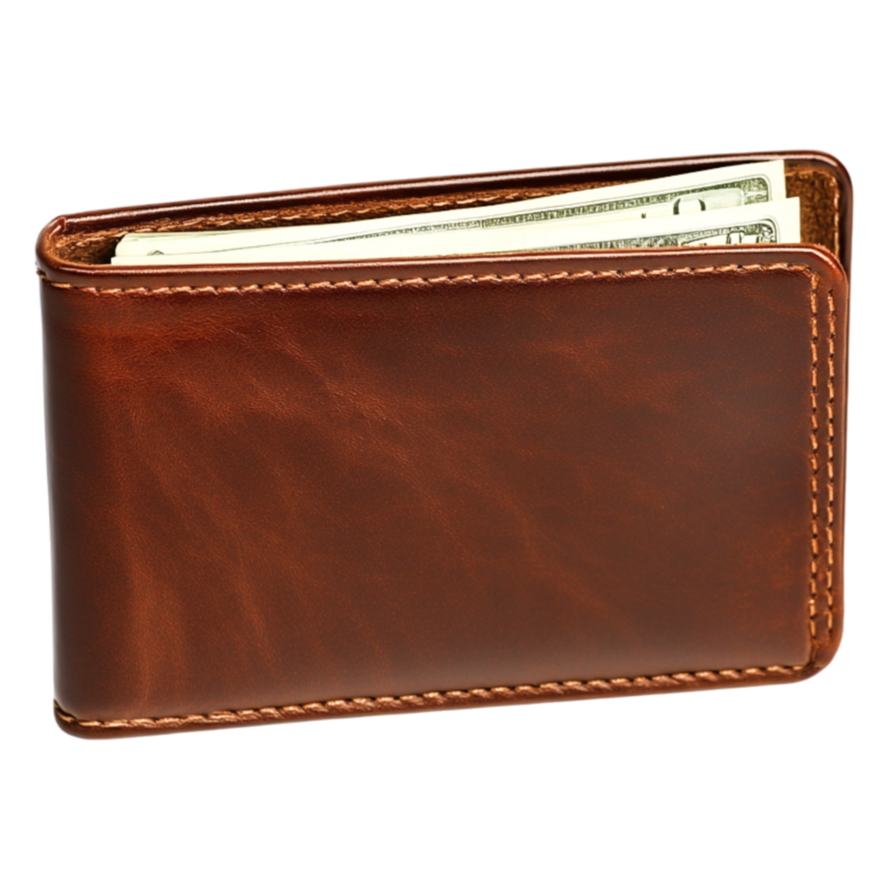 Elegant Brown Leather Wallet with Cash and Minimalist Design png