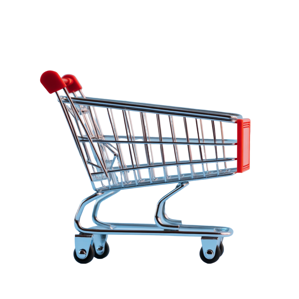 Side view of an empty shopping cart against a simple blue background for retail and consumer themes, side view of empty shopping cart png