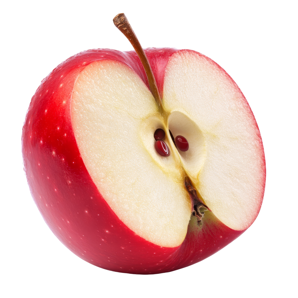 A fresh red apple cut in half, showcasing vibrant color and smooth texture against a transparent background, Half of red apple isolated on transparent background png