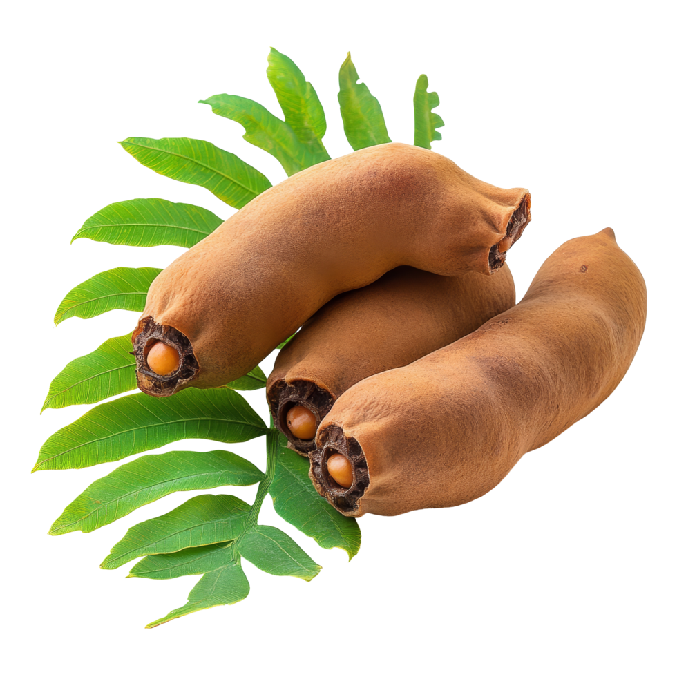 Tamarind fruit with green leaves isolated on a transparent background for culinary and health uses, tamarind with leaf isolated on transparent background png