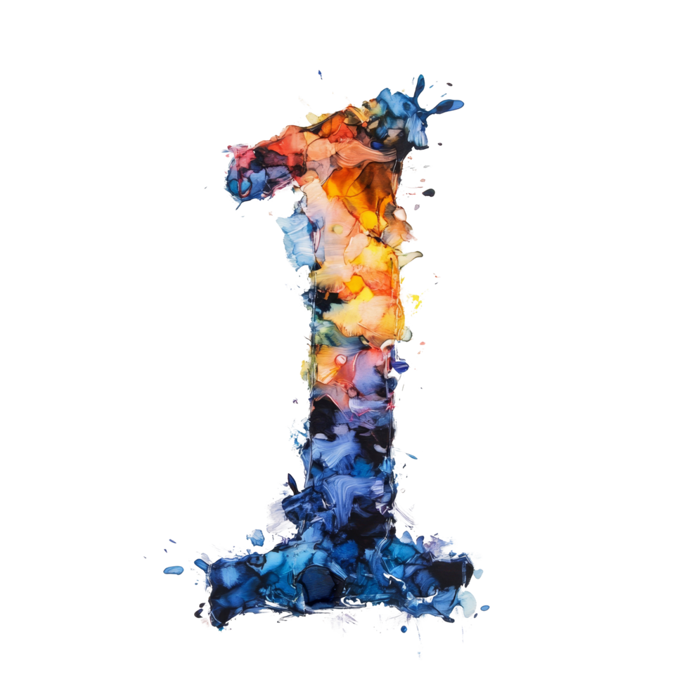 Colorful abstract representation of the number one created with fluid textures on a transparent background for artistic interpretation, consonant letter a is used to make words on transparent png
