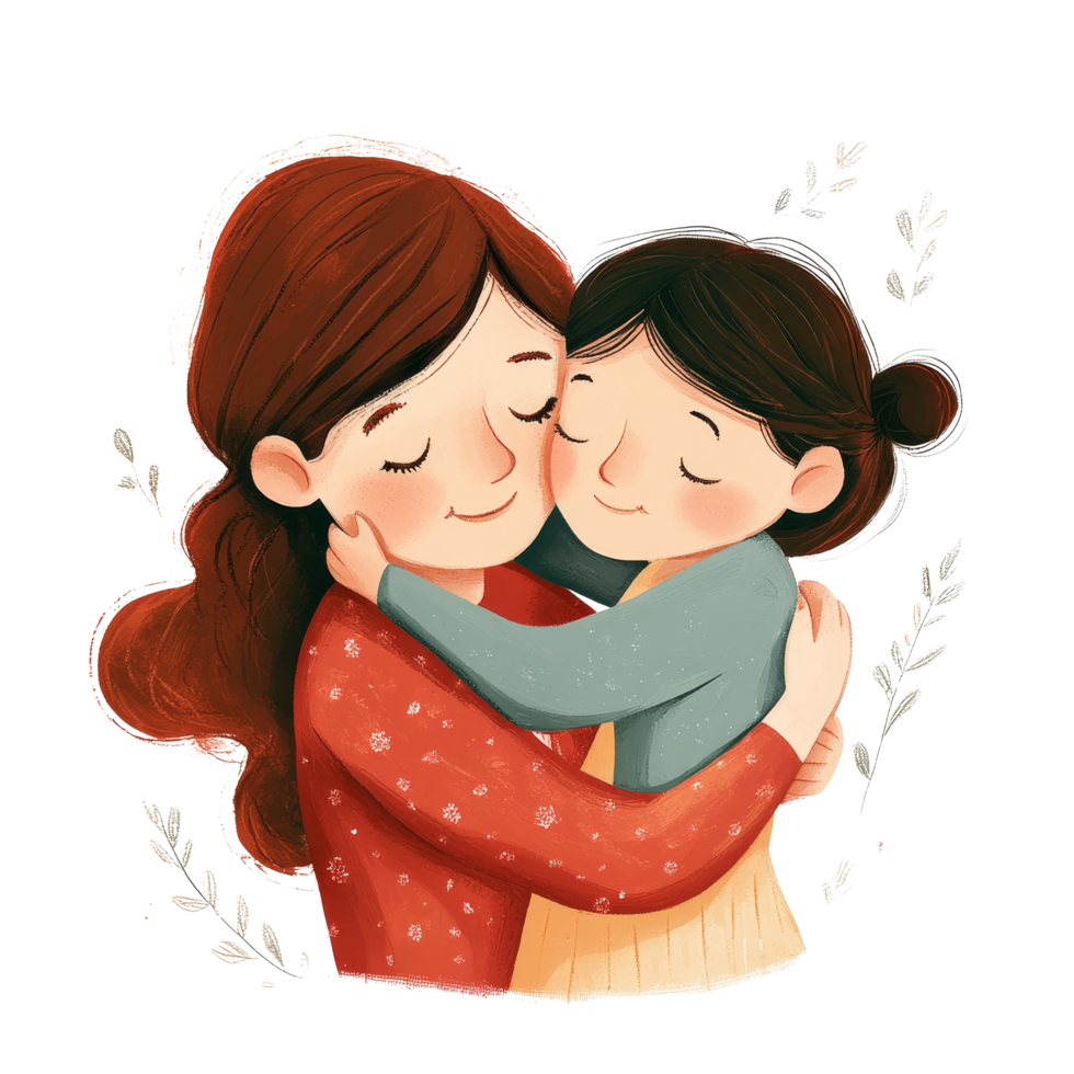 A warm and loving embrace between a mother and daughter in an illustrated style on a bright background, Mother and Daughter Hugging Illustration on transparent background png
