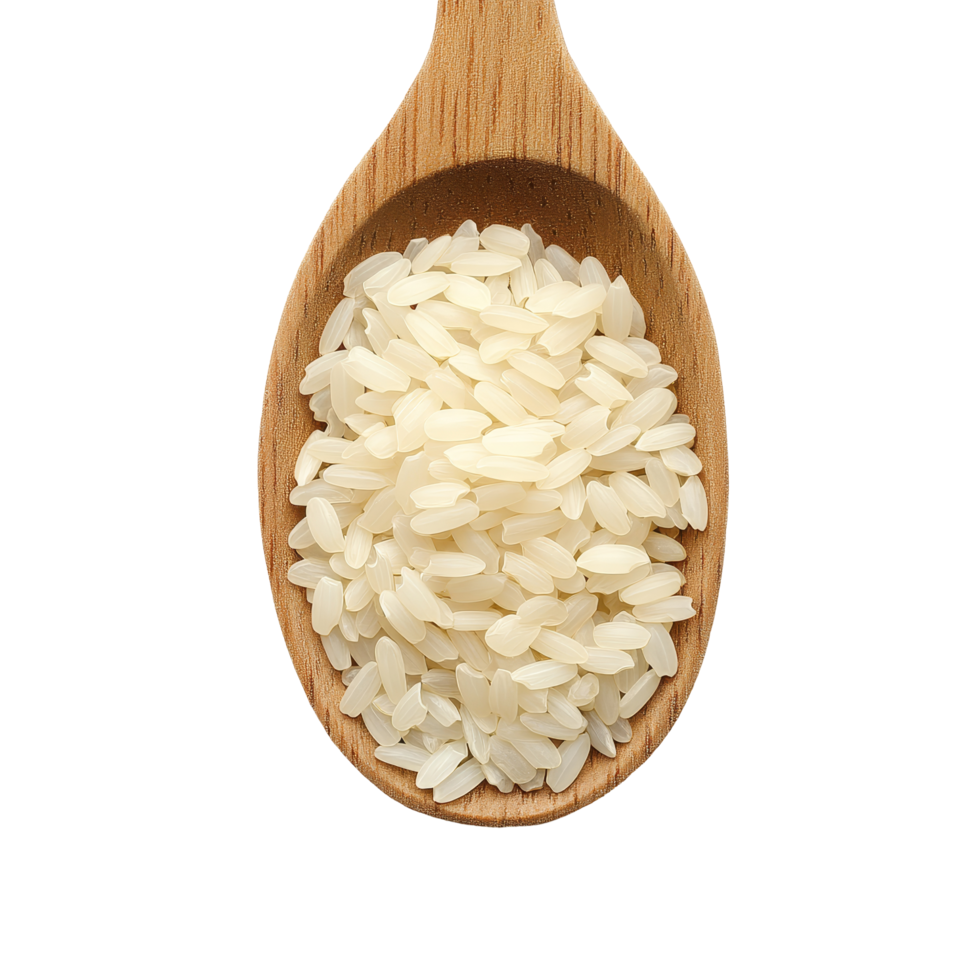 A wooden spoon filled with uncooked transparent rice on a clean transparent background, perfect for culinary use, Rice in wood spoon isolated on transparent background png
