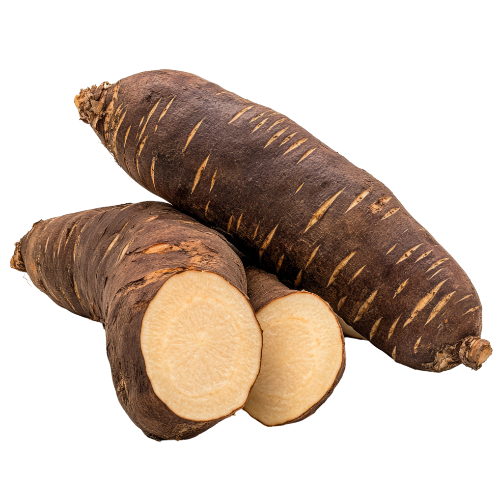 A closeup view of fresh yams, highlighting their dark brown skin and creamy inner flesh, yams isolated on transparent background png