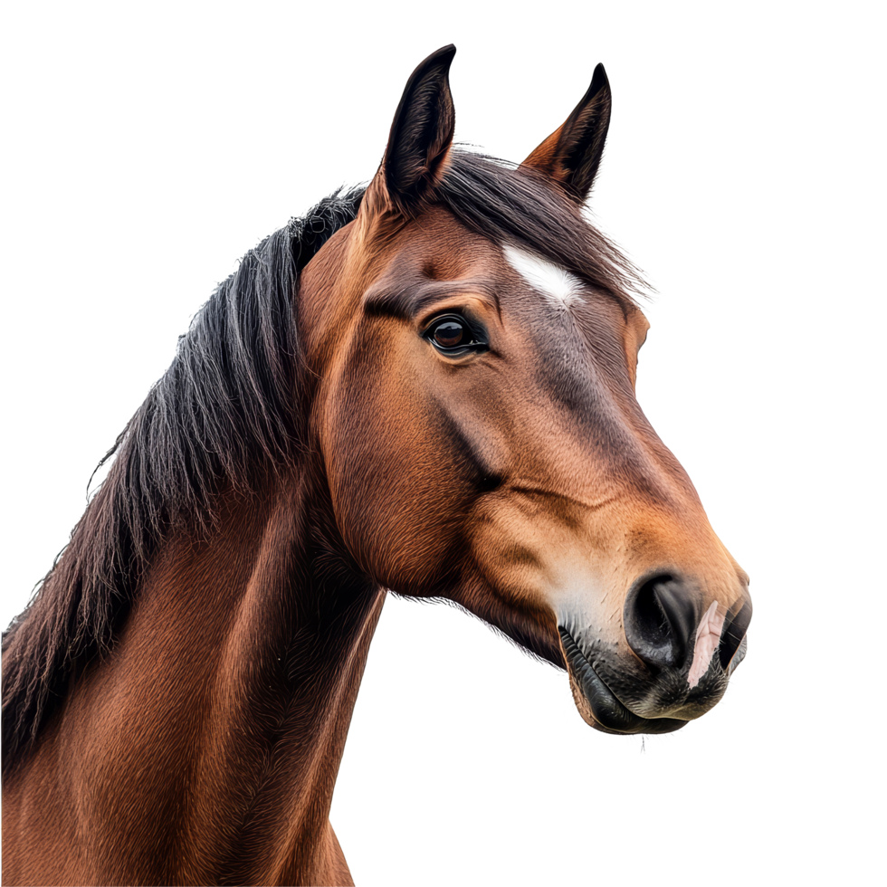 A detailed closeup of a horse head isolated against a transparent background showcasing its features and expression, horse head isolated on transparent background png