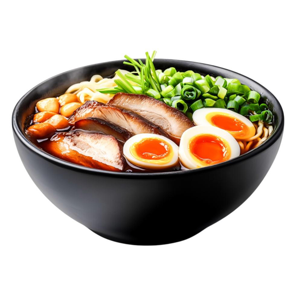 Delicious Ramen Bowl with Soft Boiled Eggs and Fresh Toppings png