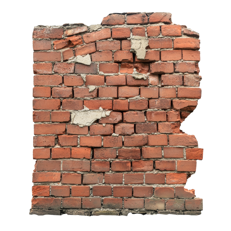 Weathered red brick wall showing cracks and collapse, reflecting years of exposure and neglect, Ruined, collapsed, cracked, or broken weathered red brick wall transparent background png