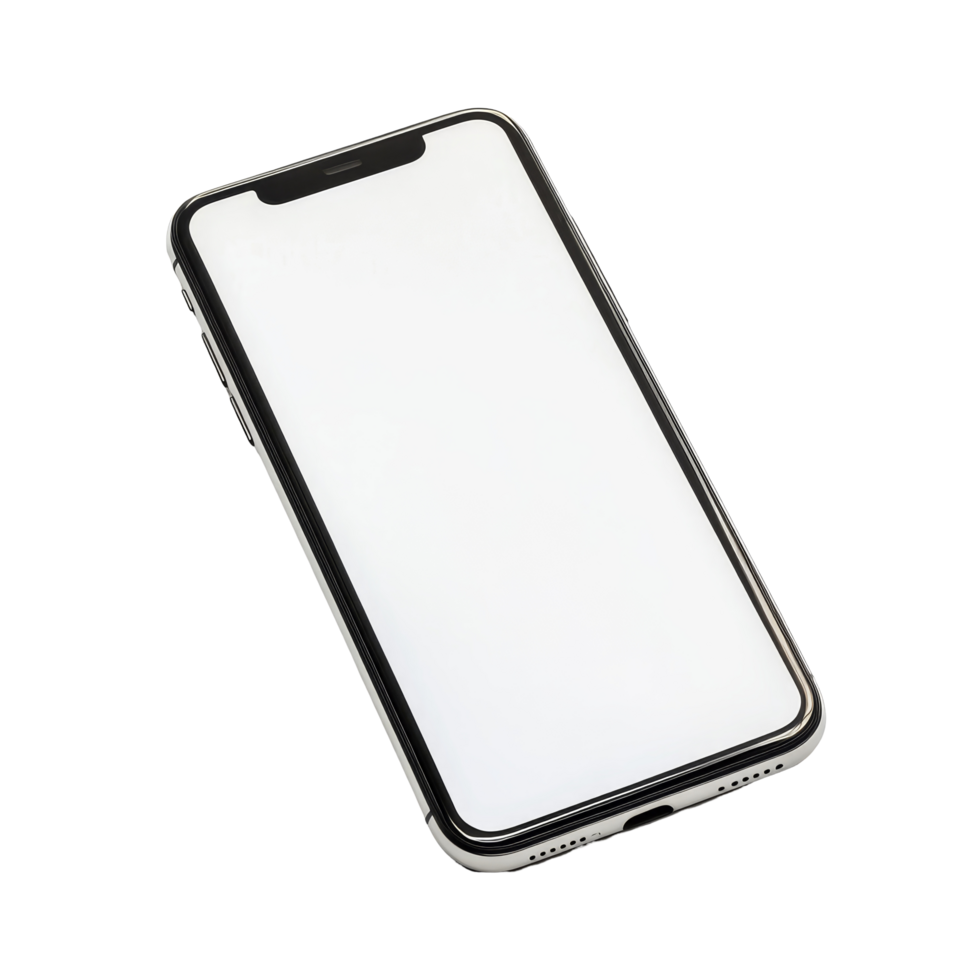 Modern smartphone resting on a transparent surface, showcasing a sleek design with a large touchscreen display, Black modern smartphone on transparent backgroundfile png