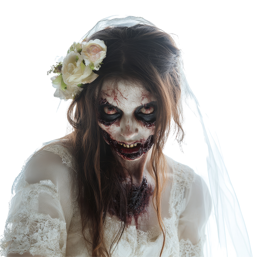 A terrifying zombie bride hauntingly isolated against a transparent background in a spooky setting, Scary zombie bride isolated on transparent background png