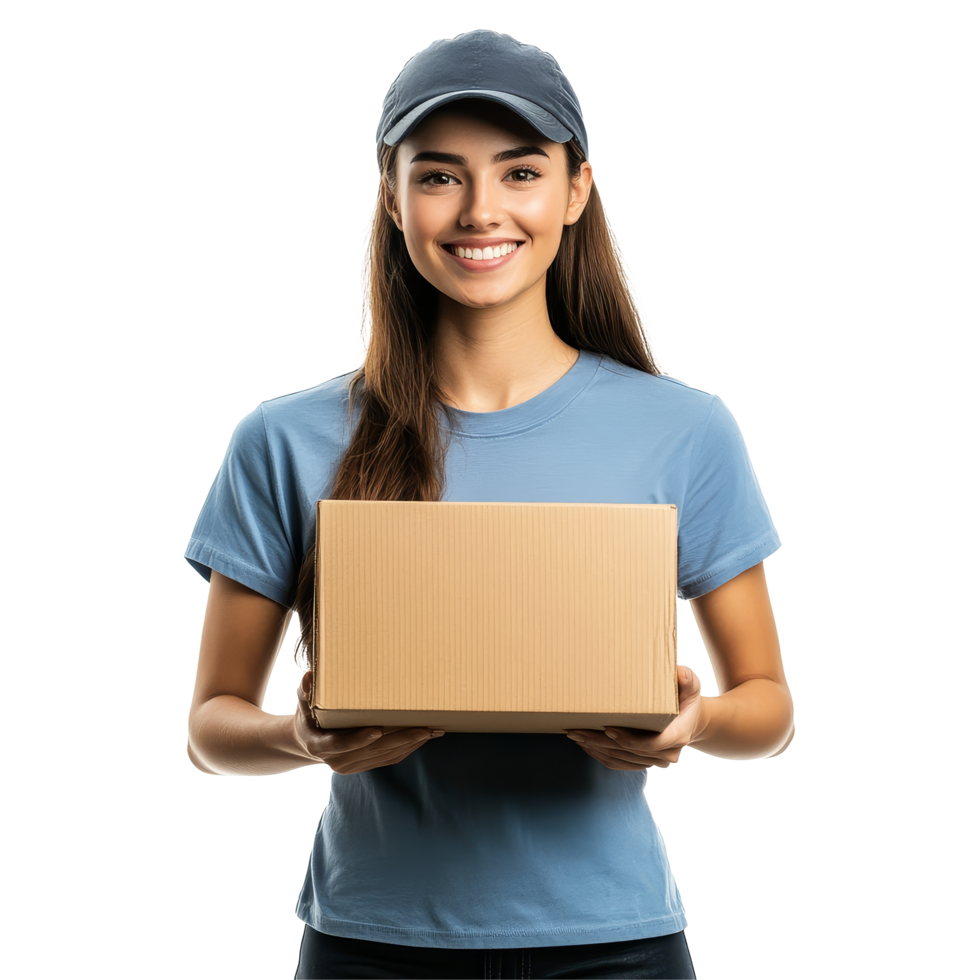 Smiling delivery woman holds a box wearing a hat in bright, minimalistic setting, Smiling Delivery Woman Holding a Box on transparent background png