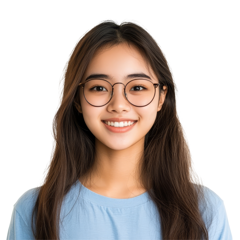 Happy young Asian student girl wearing glasses standing and smiling brightly in a casual outfit at a university campus, Happy Young Asian student girl with glasses standing over transparent background png