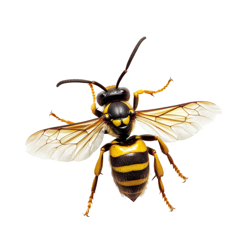 This hornet displays vibrant black and yellow stripes, perched on a clean transparent background, hornet isolated transparent background png
