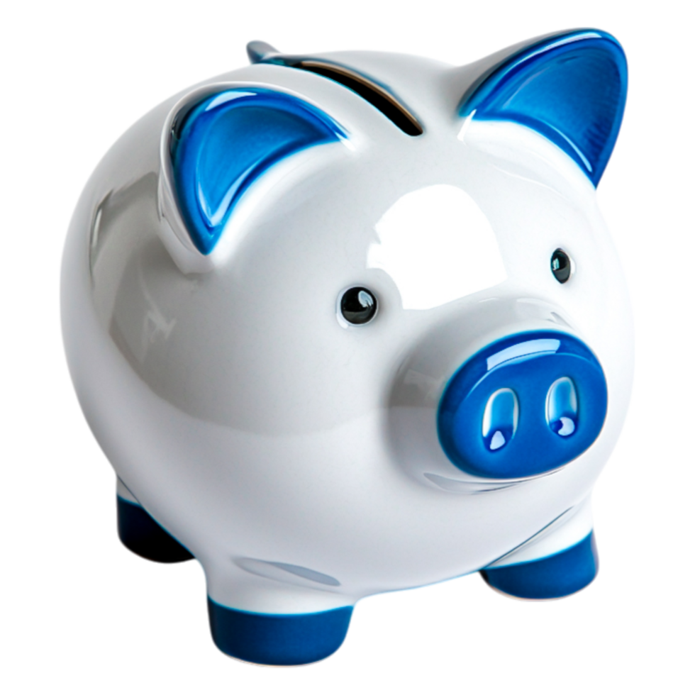 Cute Blue and White Piggy Bank for Saving Money and Budgeting png