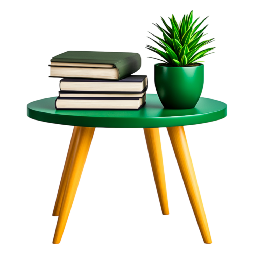 Green Round Table with Books and Potted Plant in Modern Style png
