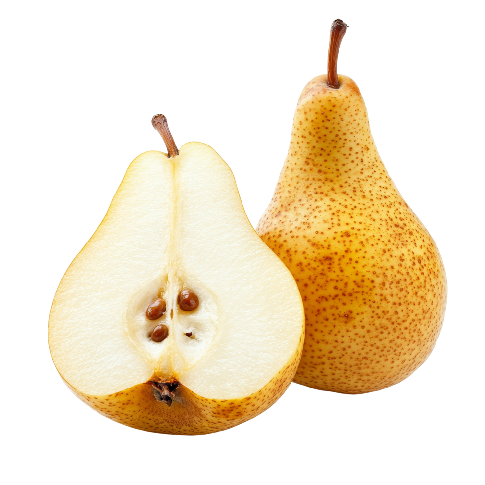 Fresh and ripe pears cut in half revealing juicy flesh against a clean transparent background for clarity and focus, half of pears isolated on transparent background png