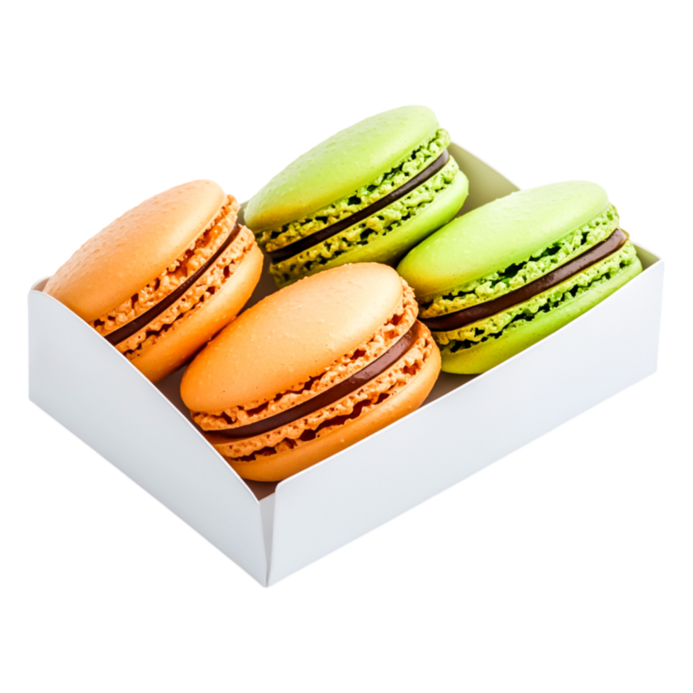 Colorful Macarons in White Box Arranged on Display for Treat Lovers png