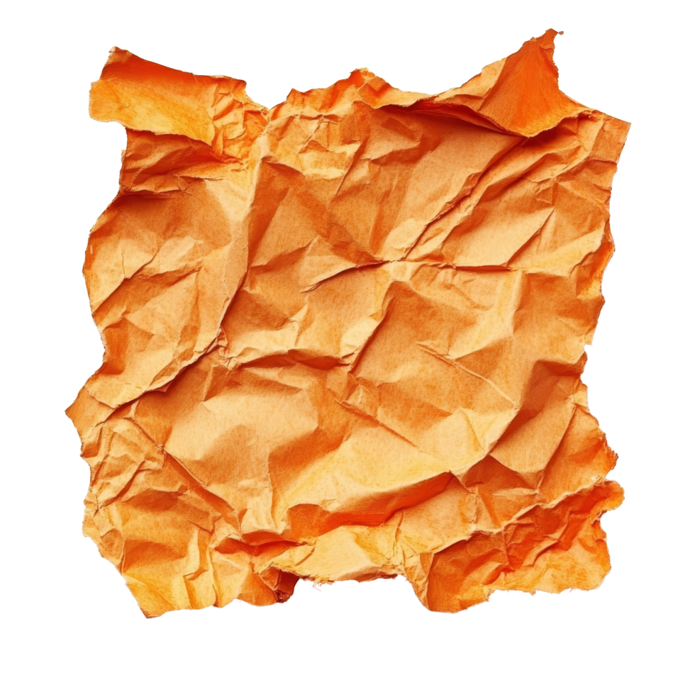 Crumpled orange paper with torn edges isolated on transparent background for artistic and design purposes, Crumpled Orange Paper with Torn Edges Isolated on transparent background png