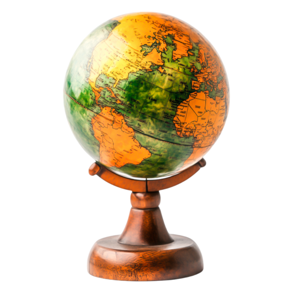 Colorful globe illustrating continents and oceans on wooden base png