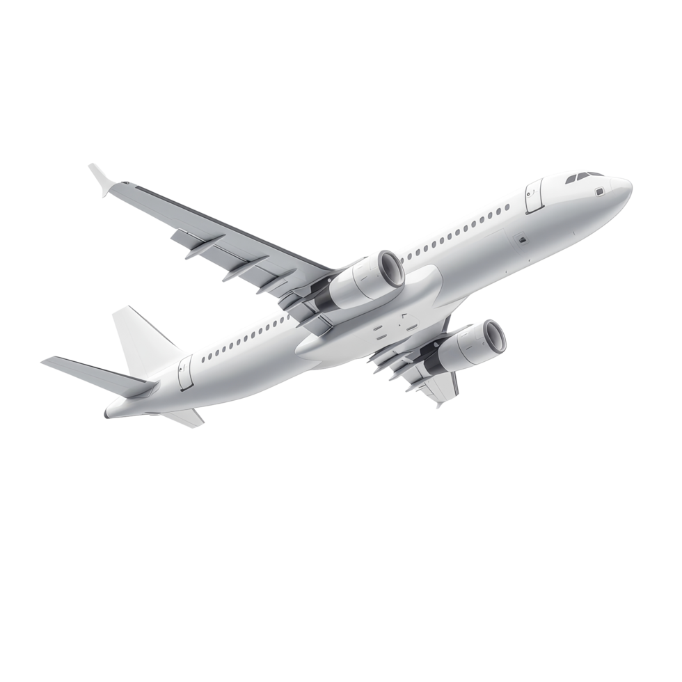 Aerial view of a realistic airplane flying against a transparent background with detailed features and design elements, Flying airplane Isolated, 3D realistic vehicle in transparent, 3d airplane, 3d png