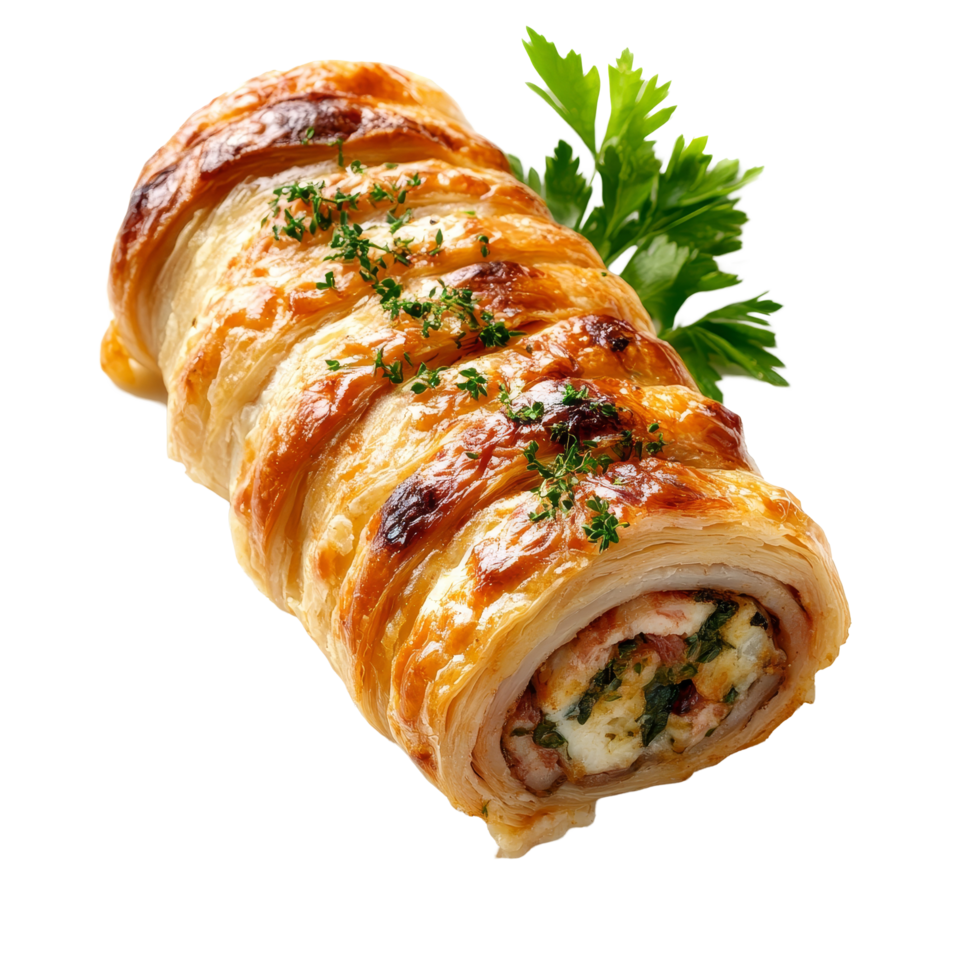 Delicious roulade filled with meats and vegetables served on a transparent plate with fresh parsley, roulade, dish of filled rolled meat or pastry isolated on transparent background png