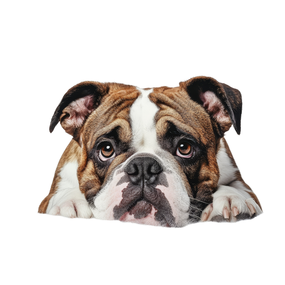 A bulldog with striking eyes resting on a soft surface against a transparent background, showcasing its unique features, Bulldog on transparent background png