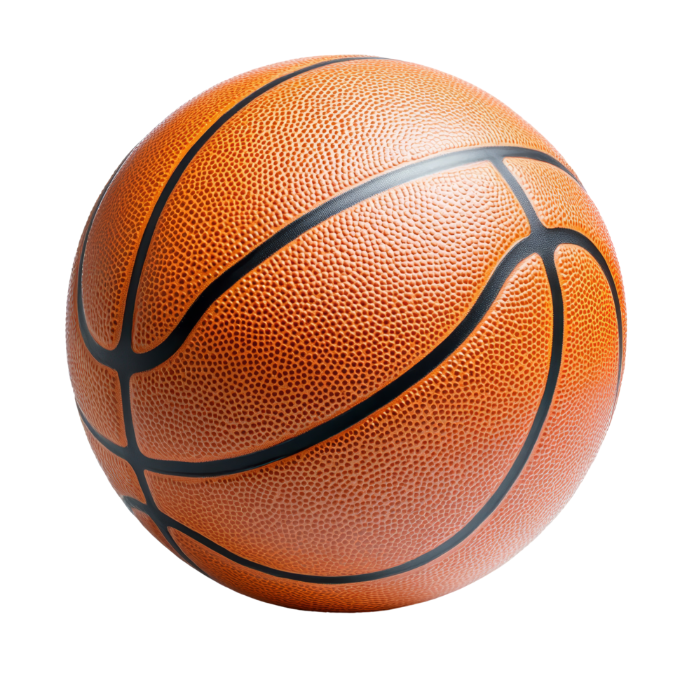 A detailed view of a basketball lying on a transparent surface, showcasing its texture and design features, basketball isolated on transparent png