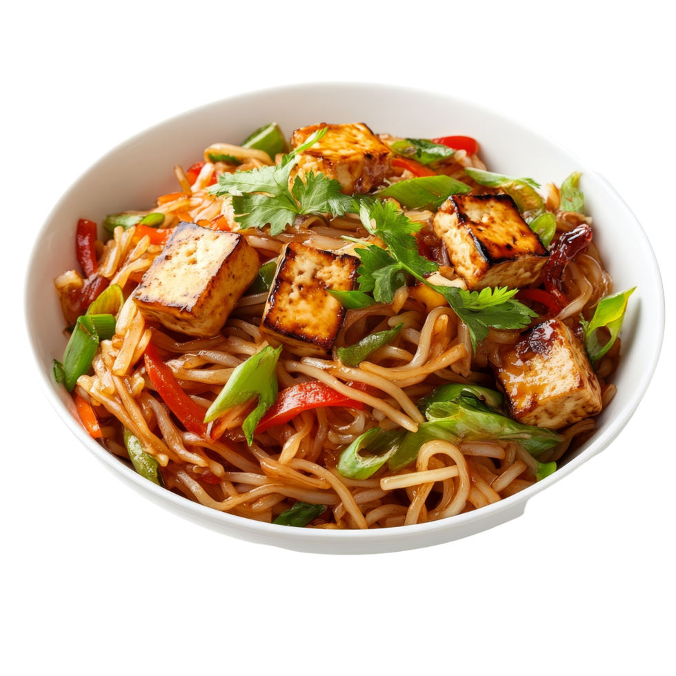 Stir fried rice noodles with tofu and vegetables presented in a bowl for a vibrant meal, Stir Fried Rice Noodle with tofu on transparent background png