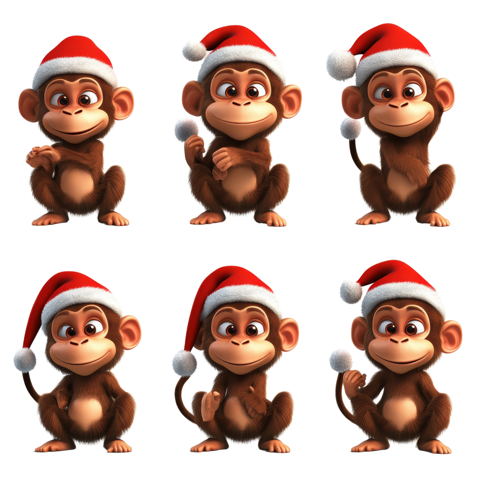 Cartoon monkeys wearing Santa hats celebrate the holiday season on a bright transparent background, 3D Cartoon Monkey Set in Santa Hats on transparent background png