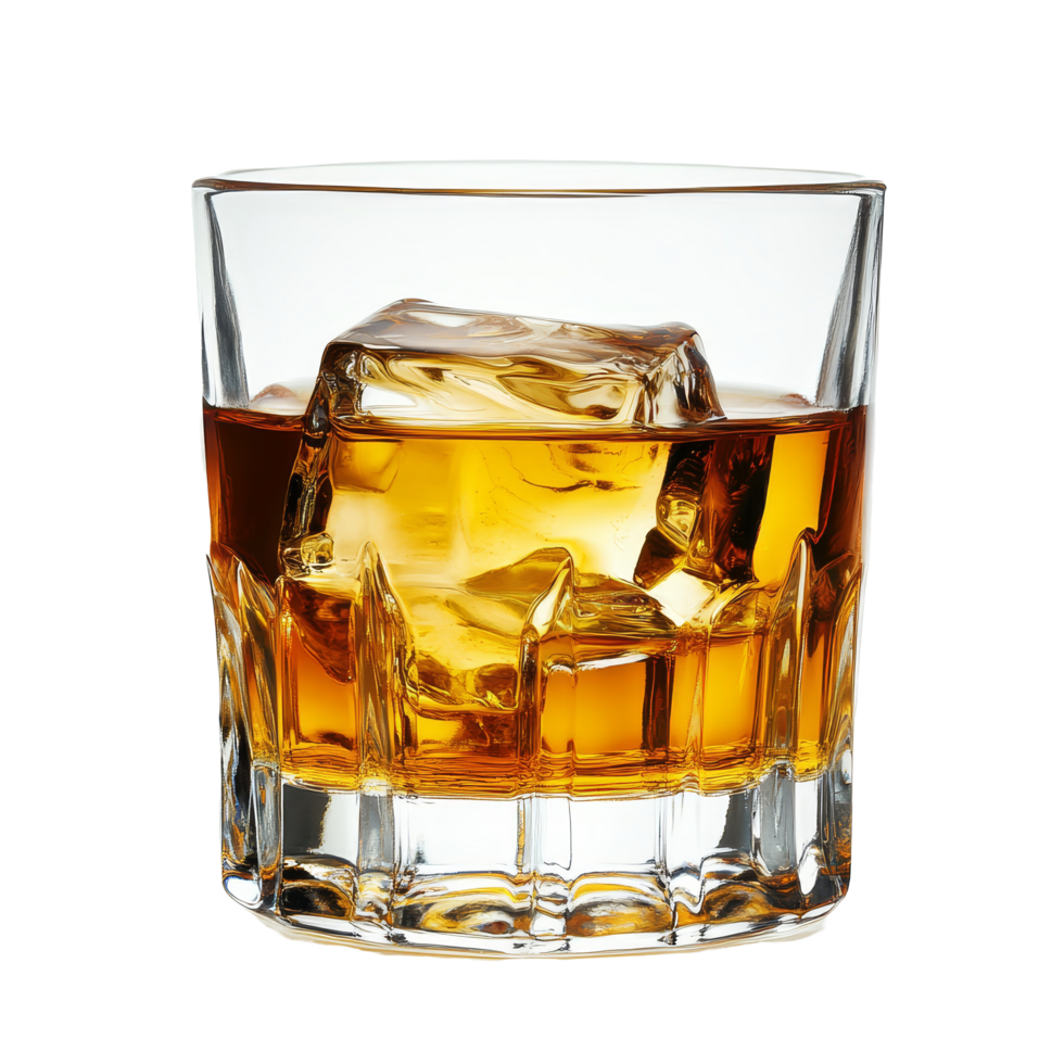 A glass of whiskey with ice cubes, showcasing rich amber color against a transparent background, whiskey in glass on transparent background png
