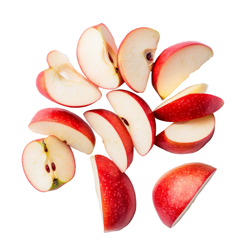 Freshly sliced red apple arranged on a clean transparent background showcasing natural color and texture, Slices of fresh red apple on transparent background png