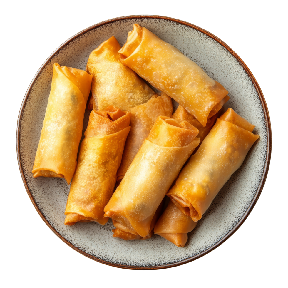 Crispy fried Chinese spring rolls served on a ceramic plate with a delightful goldenbrown color, Fried Chinese Traditional Spring rolls food on transparent background png