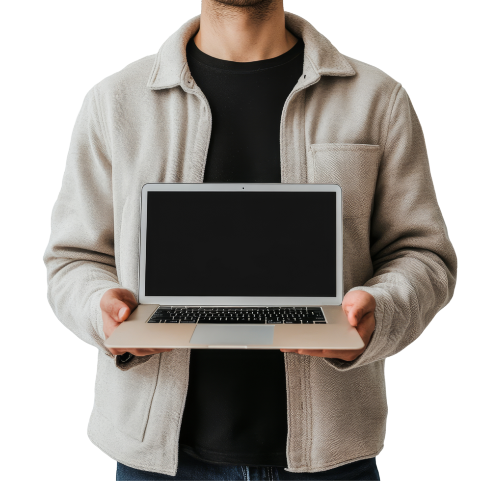 Man holding a laptop in front of a plain transparent background during a casual indoor setting, Man holding the laptop on transparent backgroundfile png