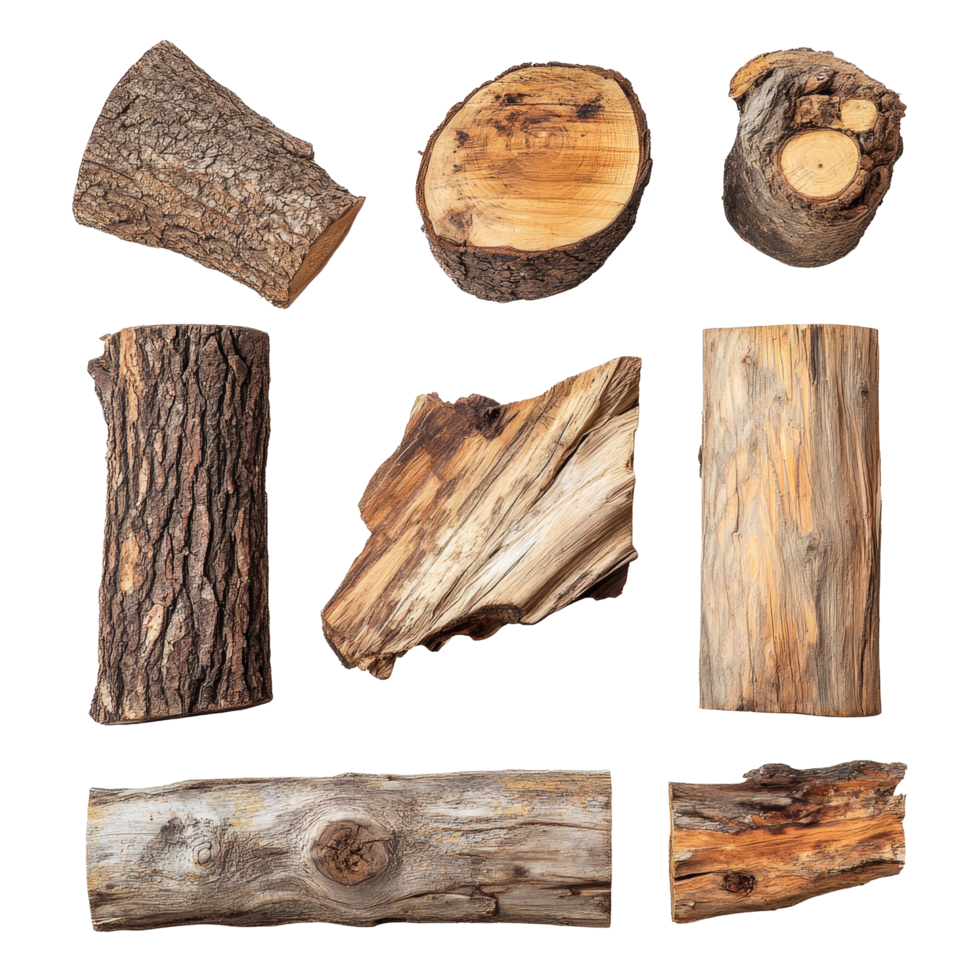 Various types of old wooden logs arranged on a transparent background showcasing natural textures and colors, Different types of old wood logs transparent background. Wooden log isolated on png