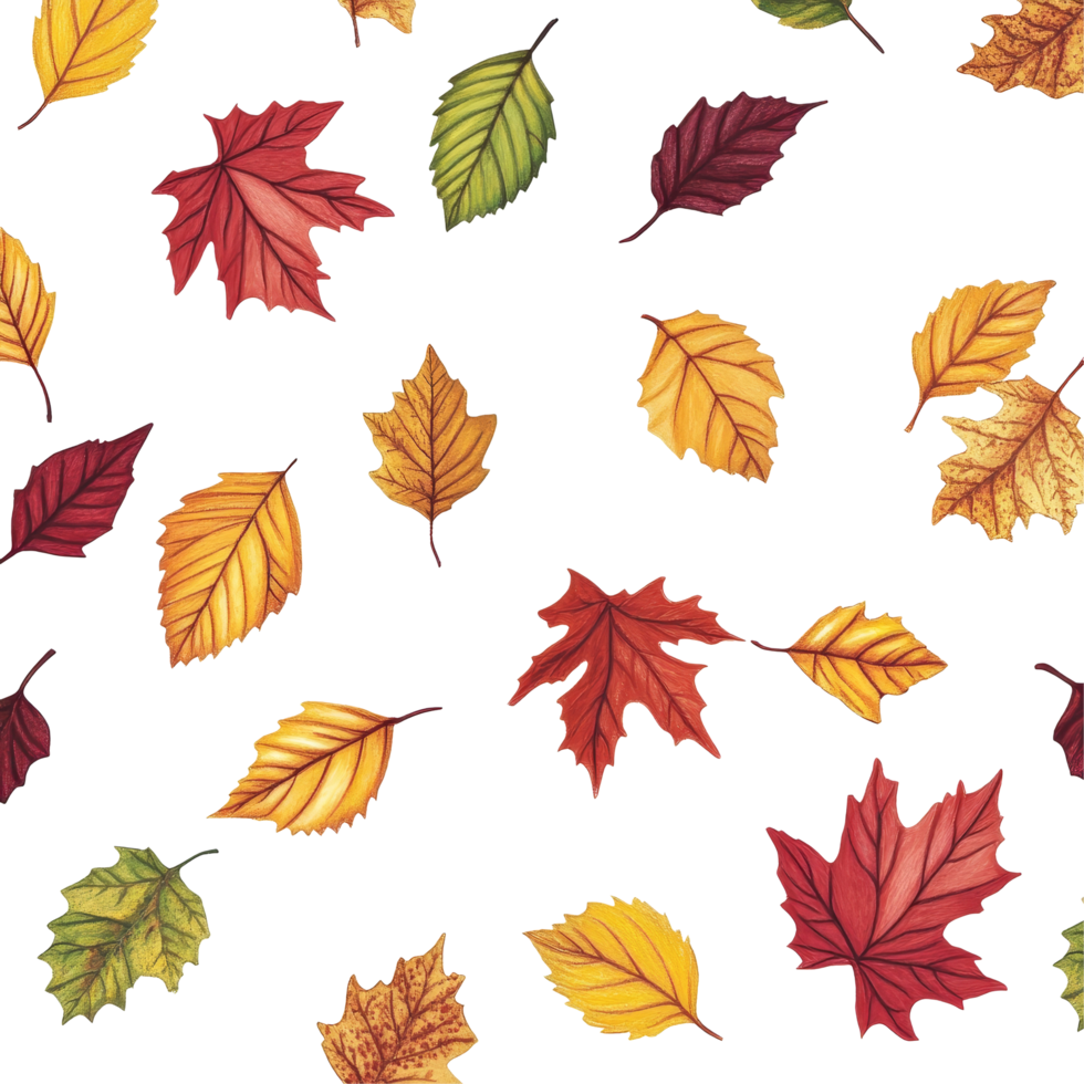 Colorful autumn leaves scattered on a transparent background creating a vibrant seasonal pattern, Autumn leaves transparent background big png