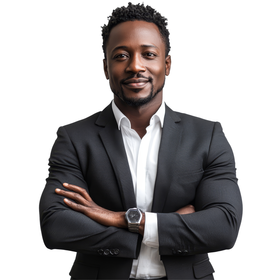 Confident African businessman posing with arms crossed against transparent background, African business man isolated on transparent background png