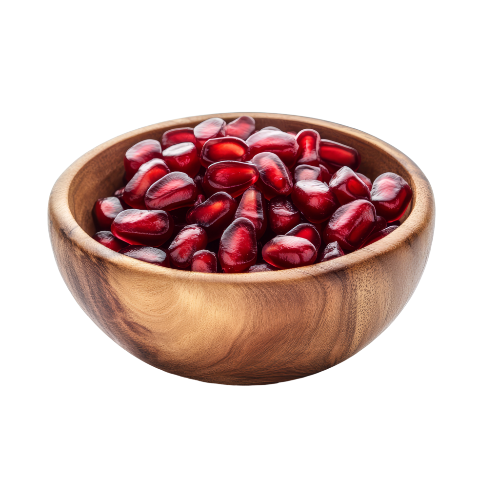 Fresh pomegranate seeds displayed in a wooden bowl on a transparent background for culinary use, Pomegranate seeds in wood bowl isolated on transparent background png