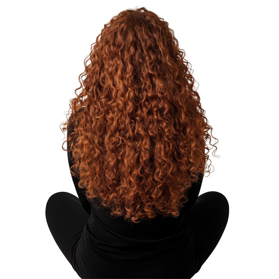 Back view of a woman with curly hair sitting quietly in a relaxed pose on a simple backdrop, Back View of Woman Sitting with Curly Hair on transparent background png