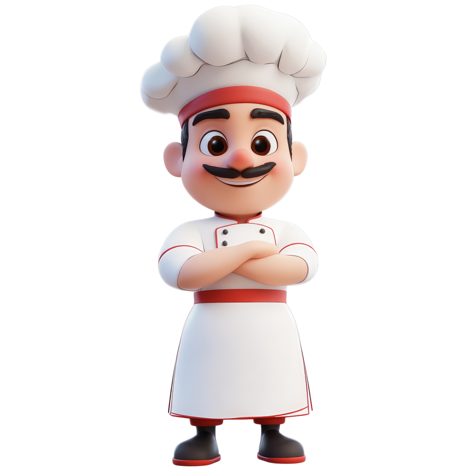 Cartoon chef character wearing a hat and apron with arms crossed against a transparent background, 3D cartoon character chef on transparent background png