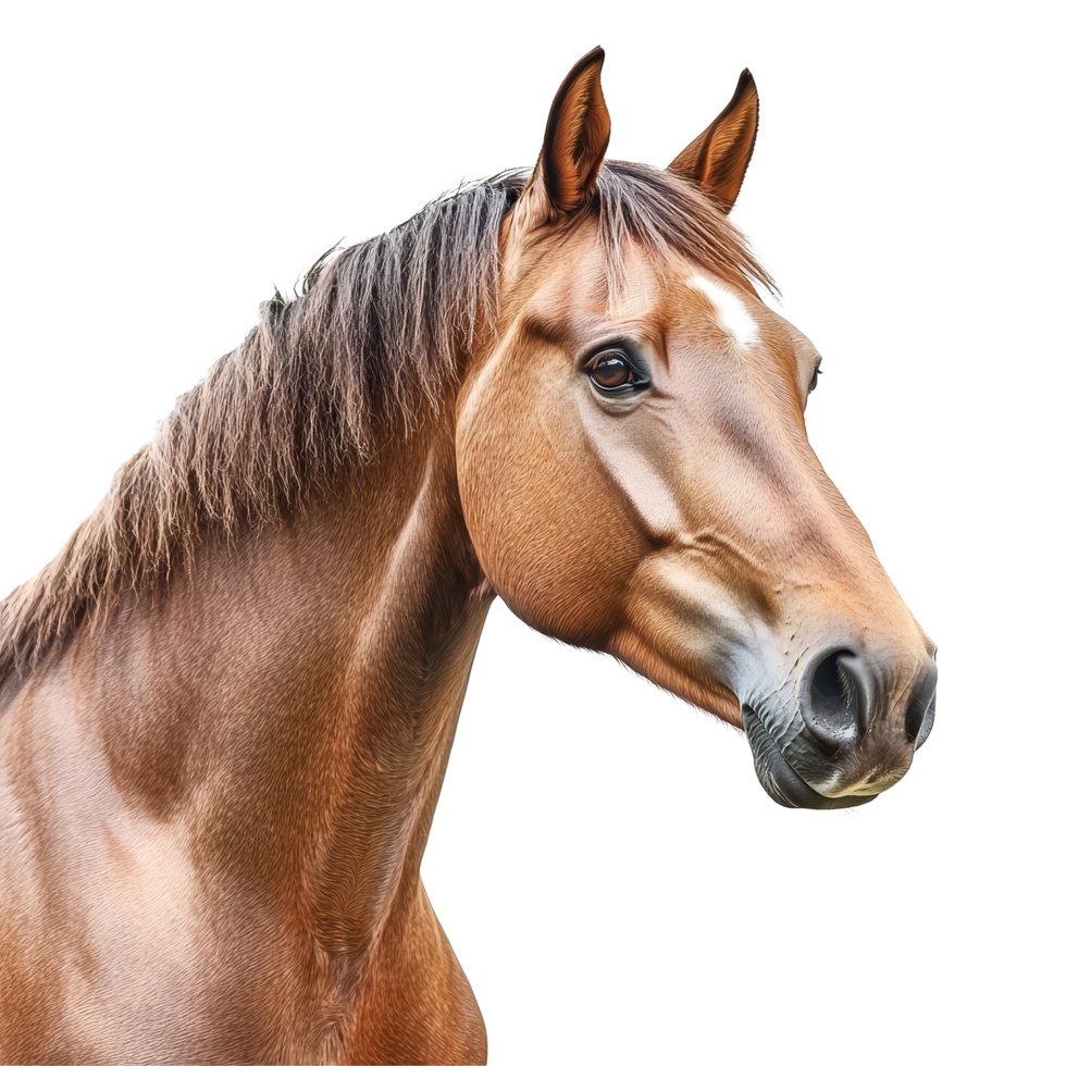 Brown horse head isolated on a transparent background showcasing its features and expression in clear detail, horse head isolated on transparent background png