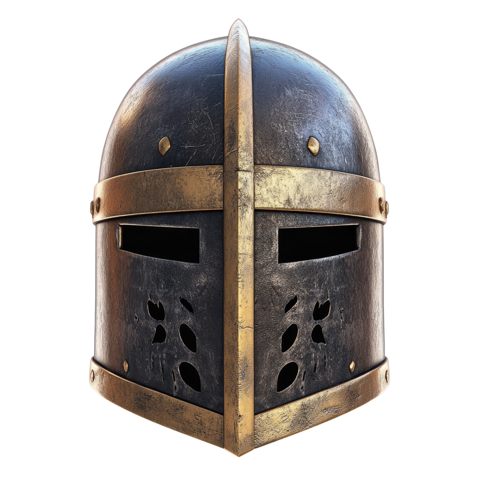 Medieval knight helmet isolated on a transparent background showcasing intricate design and craftsmanship from the era, medieval knight helmet isolated on transparent background png