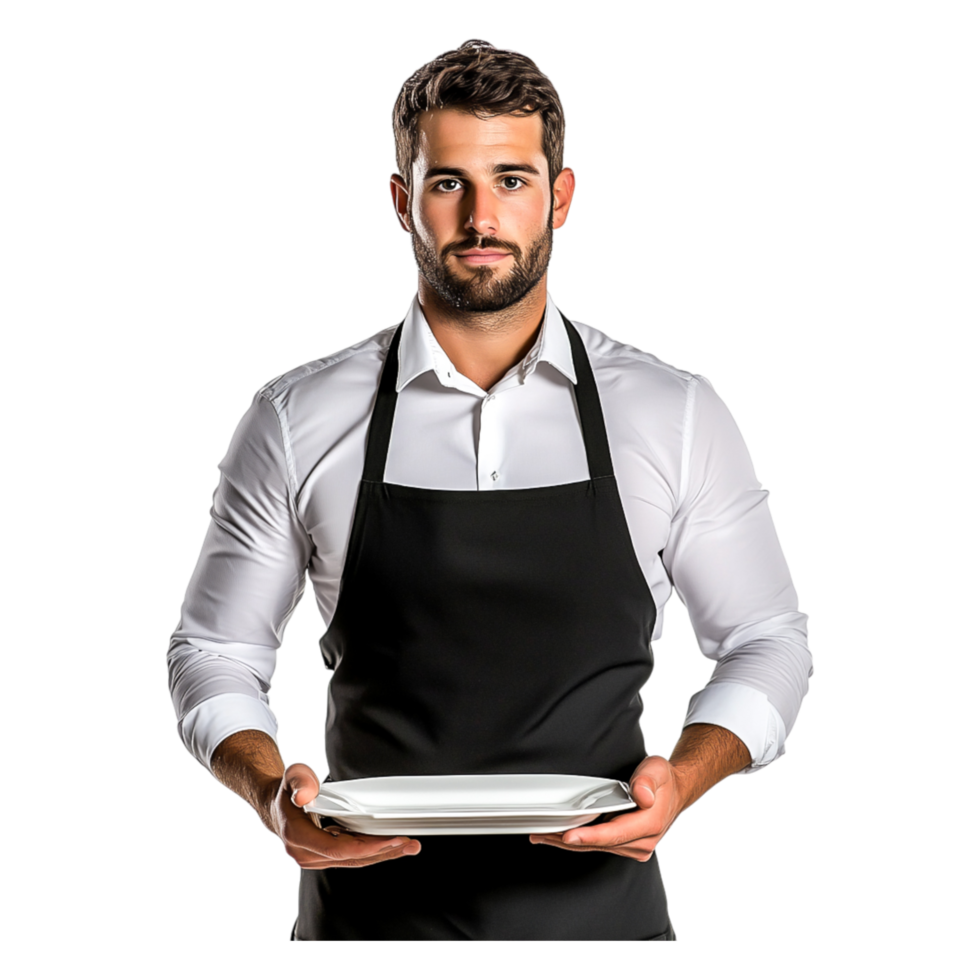 Handsome waiter presenting empty plate in formal attire, isolated png
