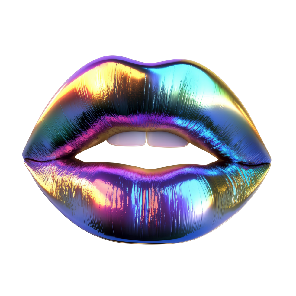 Vibrant rainbow lips illuminated in chrome color against a minimalist transparent background, 3d lipsrainbow iluminated chrome color, isolated transparent background png