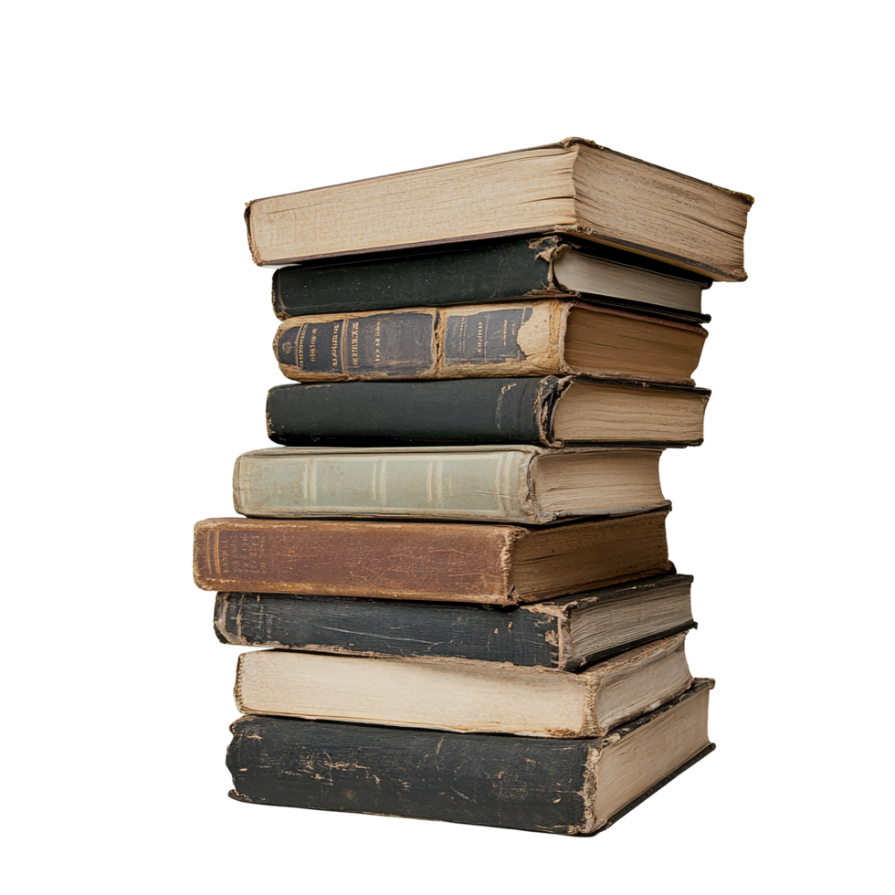 A stack of vintage books resting on a clean transparent background, showcasing various textures and colors in literature, up a stack of books on transparent backgroundfile png