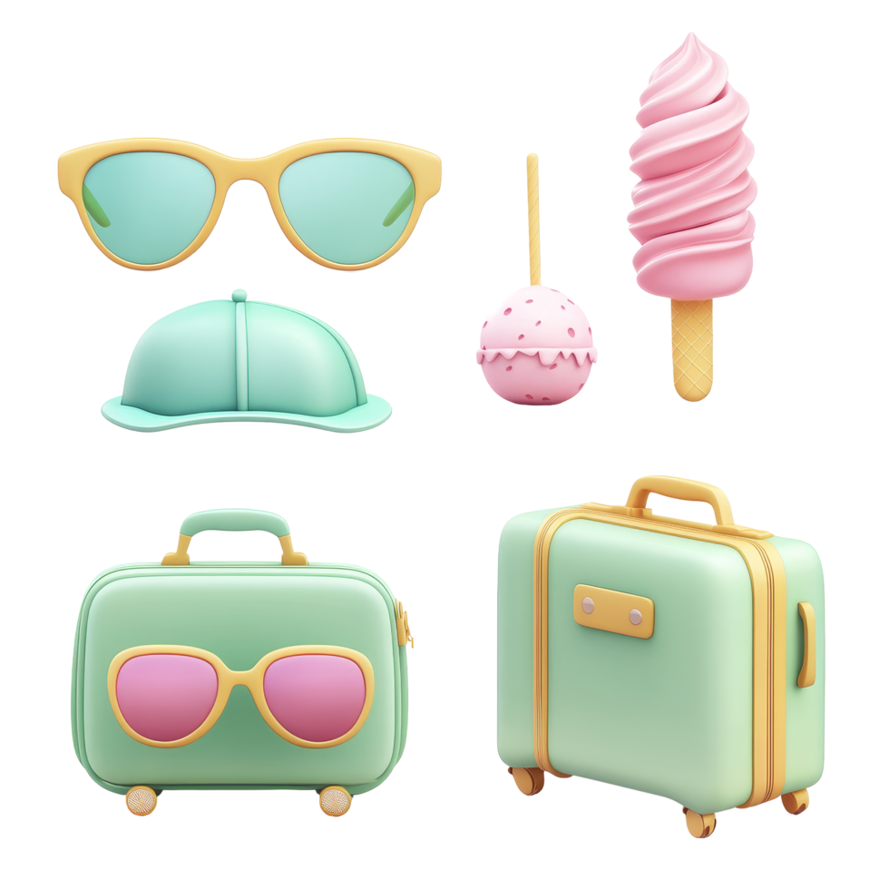 Colorful cartoon travel elements including sunglasses, luggage, and ice cream treats for summer fun, 3D Cartoon Travel Elements Sunglasses, Suitcase, Ice Cream on transparent background png